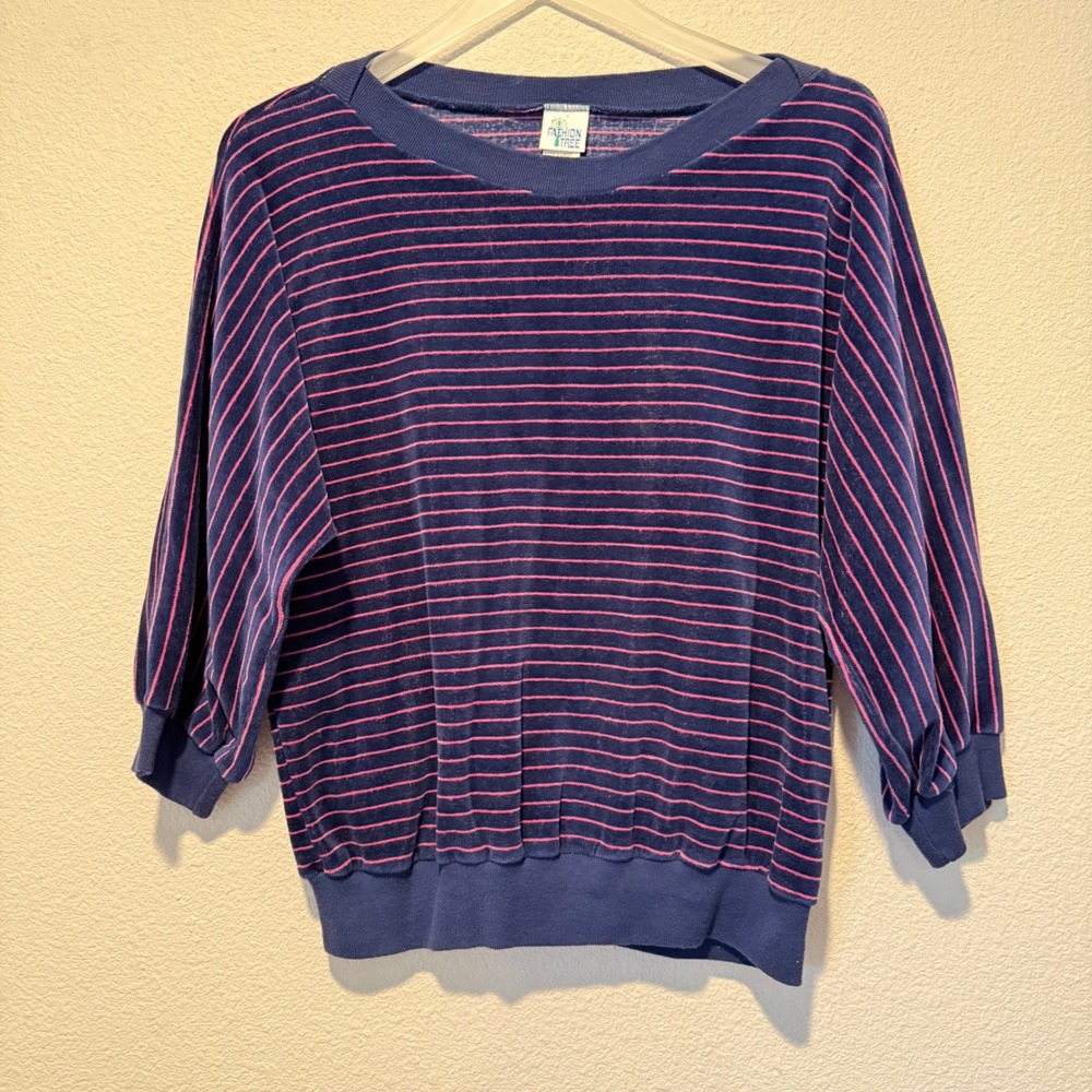 Vintage Fashion Tree 80s Velour Striped Pullover Top Navy Pink Women Large
